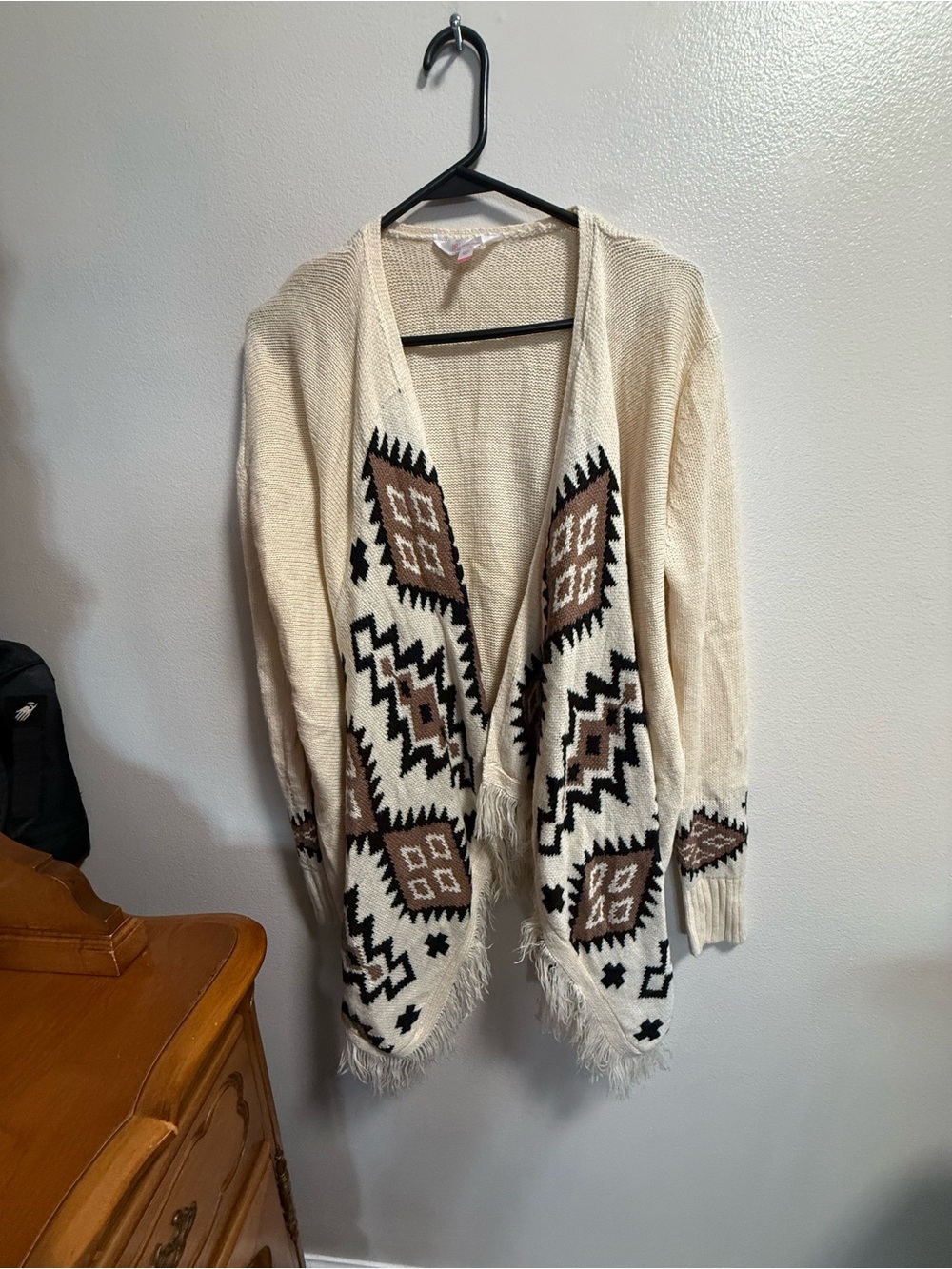 No Boundaries Cream Aztec Fringe Cardigan Cream & Brown Medium